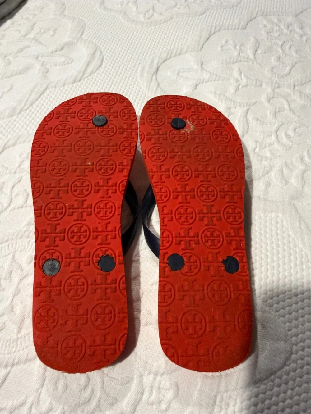 Tory Burch Red Polka Dot Flip Flops with Navy Straps